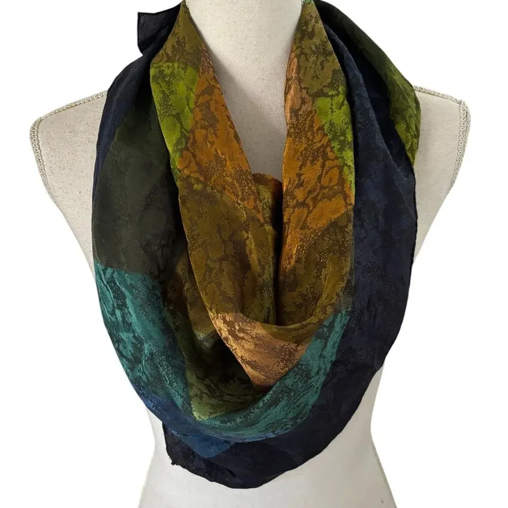 Echo Scarf VINTAGE 100% SILK Square Japan Blue Green Brown Squares Geometric 36”
